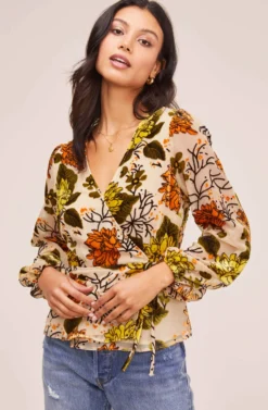 Velvet Burnout Wrap Top 12 Velvet Burnout Wrap Top -Larana Style Shop AT15439B CREAM ORANGE FLORAL 2 scaled