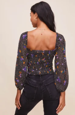 Shirred Long Sleeve Floral Smocked Top -Larana Style Shop AT15780 BLACKPURPLEFLORAL 11 scaled