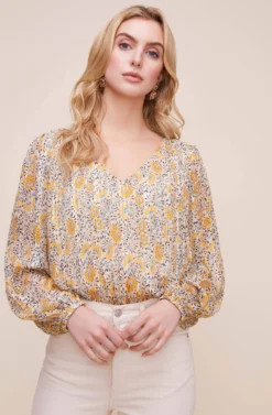 V Neck Pleated Long Sleeve Top