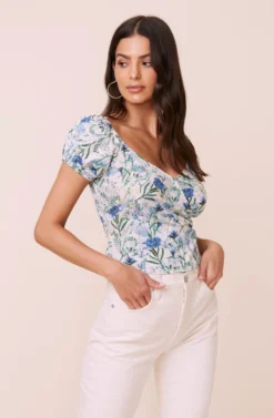 Surplice Square Neck Short Sleeve Crinkle Top -Larana Style Shop AT16064 BLUEFLORAL 2 scaled