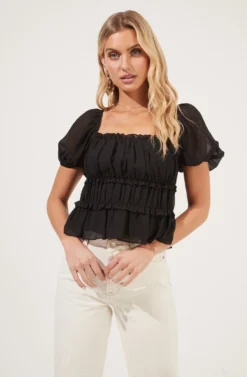 Ruched Ruffle Short Sleeve Top 22 Ruched Ruffle Short Sleeve Top -Larana Style Shop AT16103 BLACK 2 scaled