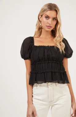Ruched Ruffle Short Sleeve Top 18 Ruched Ruffle Short Sleeve Top -Larana Style Shop AT16103 BLACK 3 scaled