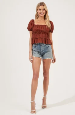 Ruched Ruffle Short Sleeve Top 15 Ruched Ruffle Short Sleeve Top -Larana Style Shop AT16103 NUTMEG 2 scaled