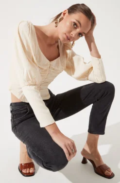 Long Sleeve Ruched Button Front Top -Larana Style Shop AT16261 CREAM 954