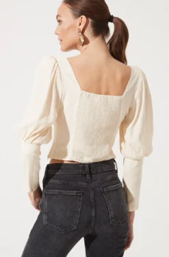 Long Sleeve Ruched Button Front Top -Larana Style Shop AT16261 CREAM 956