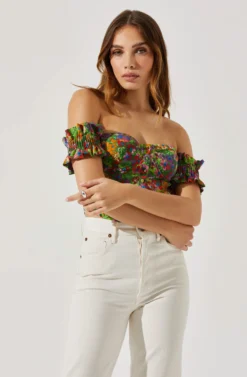 Off Shoulder Floral Ruffle Corset Top -Larana Style Shop AT17767P GREENMULTIFLORAL 4 scaled