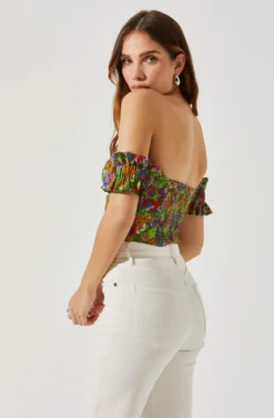 Off Shoulder Floral Ruffle Corset Top -Larana Style Shop AT17767P GREENMULTIFLORAL 6 scaled