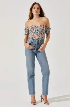 Off Shoulder Floral Ruffle Corset Top -Larana Style Shop AT17767P TEALCORALABSTRACT 1 scaled