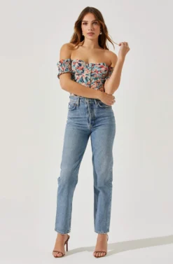 Off Shoulder Floral Ruffle Corset Top -Larana Style Shop AT17767P TEALCORALABSTRACT 2 scaled