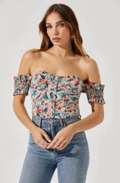 Off Shoulder Floral Ruffle Corset Top -Larana Style Shop AT17767P TEALCORALABSTRACT 3 scaled