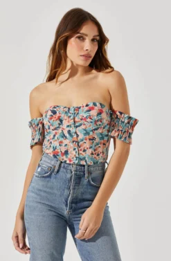 Off Shoulder Floral Ruffle Corset Top -Larana Style Shop AT17767P TEALCORALABSTRACT 4 scaled