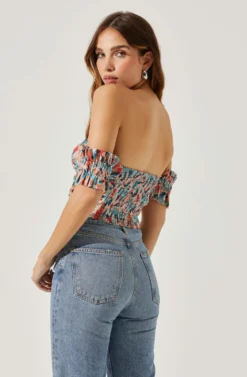 Off Shoulder Floral Ruffle Corset Top -Larana Style Shop AT17767P TEALCORALABSTRACT 6 scaled
