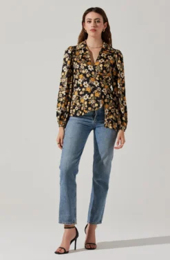 Asymmetrical Collared Floral Wrap Top 19 Asymmetrical Collared Floral Wrap Top -Larana Style Shop AT17922 BLACKYELLOWFLORAL 1 scaled