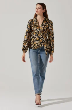 Asymmetrical Collared Floral Wrap Top 21 Asymmetrical Collared Floral Wrap Top -Larana Style Shop AT17922 BLACKYELLOWFLORAL 2 scaled