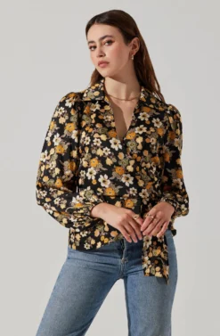 Asymmetrical Collared Floral Wrap Top 18 Asymmetrical Collared Floral Wrap Top -Larana Style Shop AT17922 BLACKYELLOWFLORAL 4 scaled