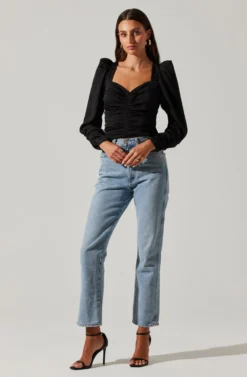 Long Sleeve Ruched Puff Sleeve Top -Larana Style Shop AT17932YS BLACK 2 scaled