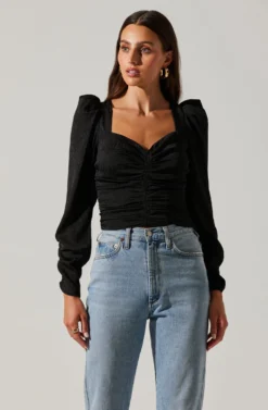 Long Sleeve Ruched Puff Sleeve Top -Larana Style Shop AT17932YS BLACK 3 scaled