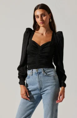 Long Sleeve Ruched Puff Sleeve Top -Larana Style Shop AT17932YS BLACK 4 scaled