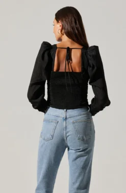Long Sleeve Ruched Puff Sleeve Top -Larana Style Shop AT17932YS BLACK 6 scaled