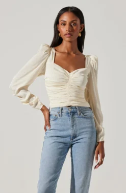 Long Sleeve Ruched Puff Sleeve Top -Larana Style Shop AT17932YS CREAM 3 scaled