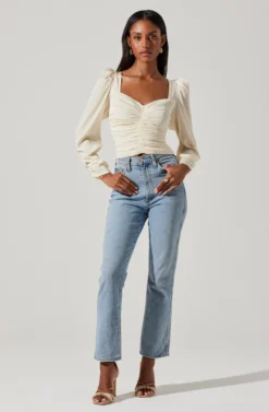 Long Sleeve Ruched Puff Sleeve Top -Larana Style Shop AT17932YS CREAM 4 scaled