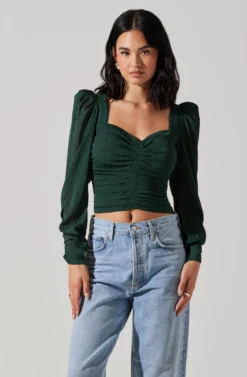 Long Sleeve Ruched Puff Sleeve Top -Larana Style Shop AT17932YS HUNTERGREEN 1 scaled