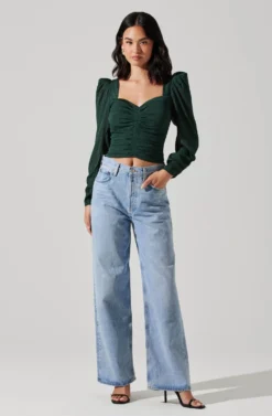 Long Sleeve Ruched Puff Sleeve Top -Larana Style Shop AT17932YS HUNTERGREEN 2 scaled