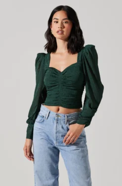 Long Sleeve Ruched Puff Sleeve Top -Larana Style Shop AT17932YS HUNTERGREEN 3 scaled