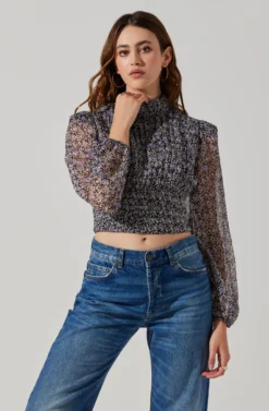 Floral Puff Sleeve Mock Neck Top -Larana Style Shop AT17933 BLACKPURPLEFLORAL 4 scaled