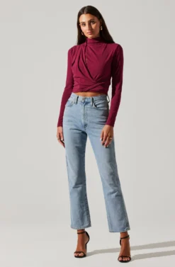 Asymmetrical Pleated Cutout Mock Neck Top -Larana Style Shop AT17934 BERRY 2 scaled