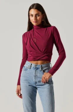 Asymmetrical Pleated Cutout Mock Neck Top -Larana Style Shop AT17934 BERRY 3 scaled