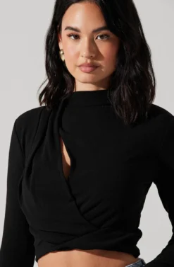 Asymmetrical Pleated Cutout Mock Neck Top -Larana Style Shop AT17934 BLACK 3 scaled