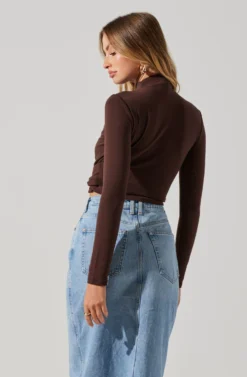 Asymmetrical Pleated Cutout Mock Neck Top -Larana Style Shop AT17934 ESPRESSO 2 scaled