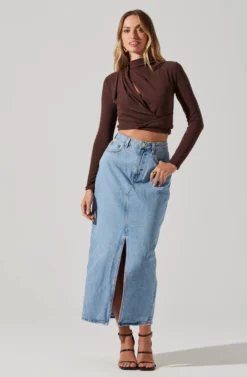 Asymmetrical Pleated Cutout Mock Neck Top -Larana Style Shop AT17934 ESPRESSO 3 scaled