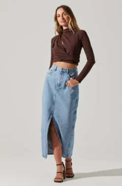 Asymmetrical Pleated Cutout Mock Neck Top -Larana Style Shop AT17934 ESPRESSO 4 scaled