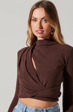 Asymmetrical Pleated Cutout Mock Neck Top -Larana Style Shop AT17934 ESPRESSO 6 scaled