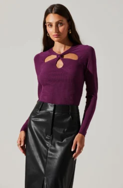 Twist Neck Cutout Sweater -Larana Style Shop AT17944 PLUM 5 scaled